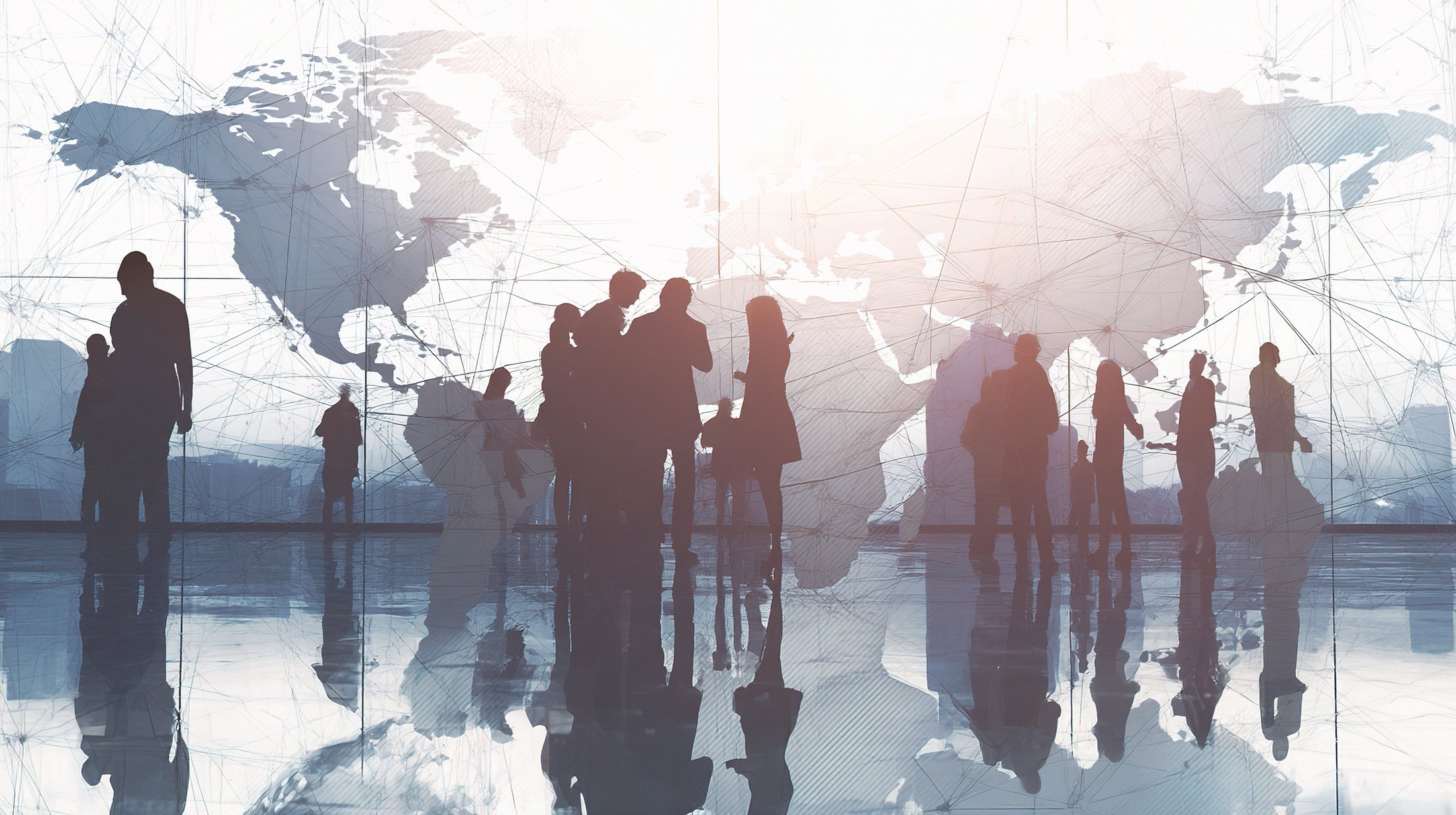 People standing together before a world map